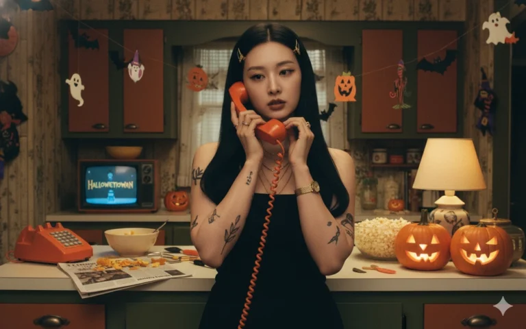 Ảnh retro Y2K ở bếp 70s với Halloween và điện thoại 90s cực chất