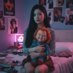 Phòng ngủ 90s phong cách với cô gái và búp bê Chucky trong ánh đèn neon cổ điển