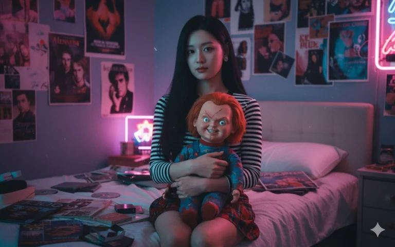 Phòng ngủ 90s phong cách với cô gái và búp bê Chucky trong ánh đèn neon cổ điển