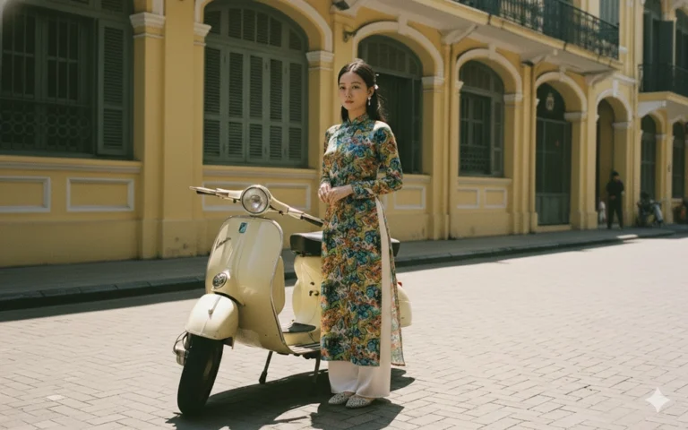 Ảnh vintage Saigon với Cô Ba và Vespa giữa nắng vàng 1960s