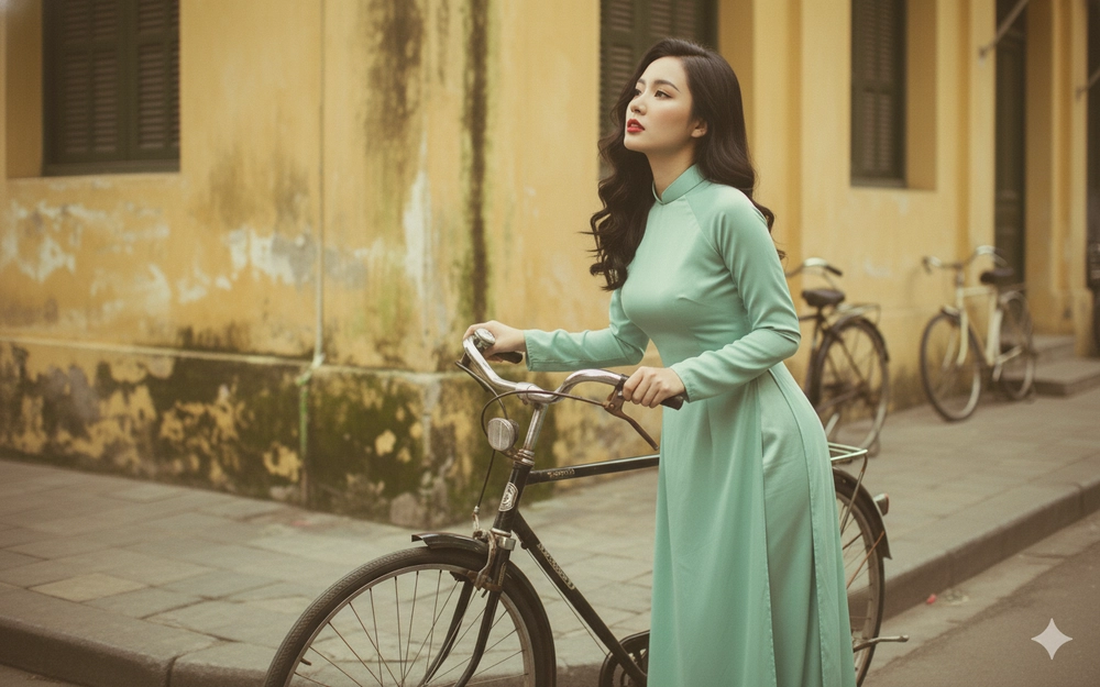 Chân dung nửa người với áo dài vintage bên xe đạp cổ điển tại chợ Bến Thành