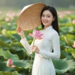Vẻ đẹp thanh lịch của cô gái trong tà áo dài bên hồ sen rực rỡ sắc hồng.