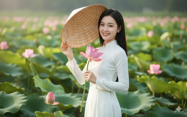 Vẻ đẹp thanh lịch của cô gái trong tà áo dài bên hồ sen rực rỡ sắc hồng.