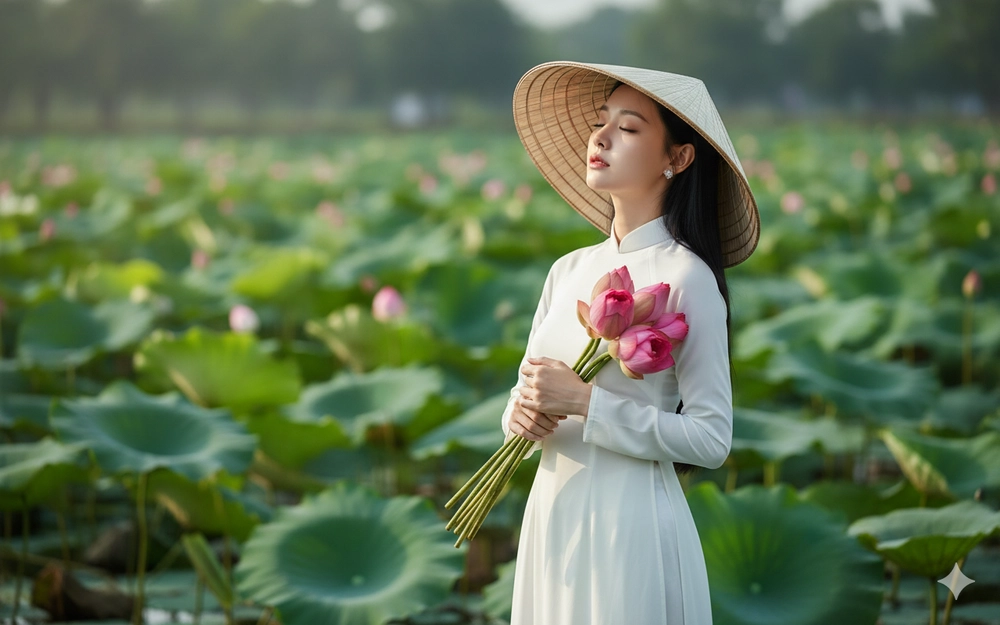 Thanh tao duyên dáng giữa hồ sen mùa hạ trong tà áo dài trắng truyền thống