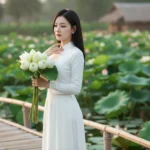 Chân dung cô gái Việt trong tà áo dài trắng bên hồ sen thanh thoát và tinh khôi