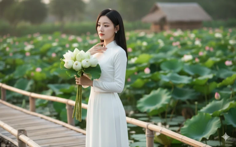 Chân dung cô gái Việt trong tà áo dài trắng bên hồ sen thanh thoát và tinh khôi