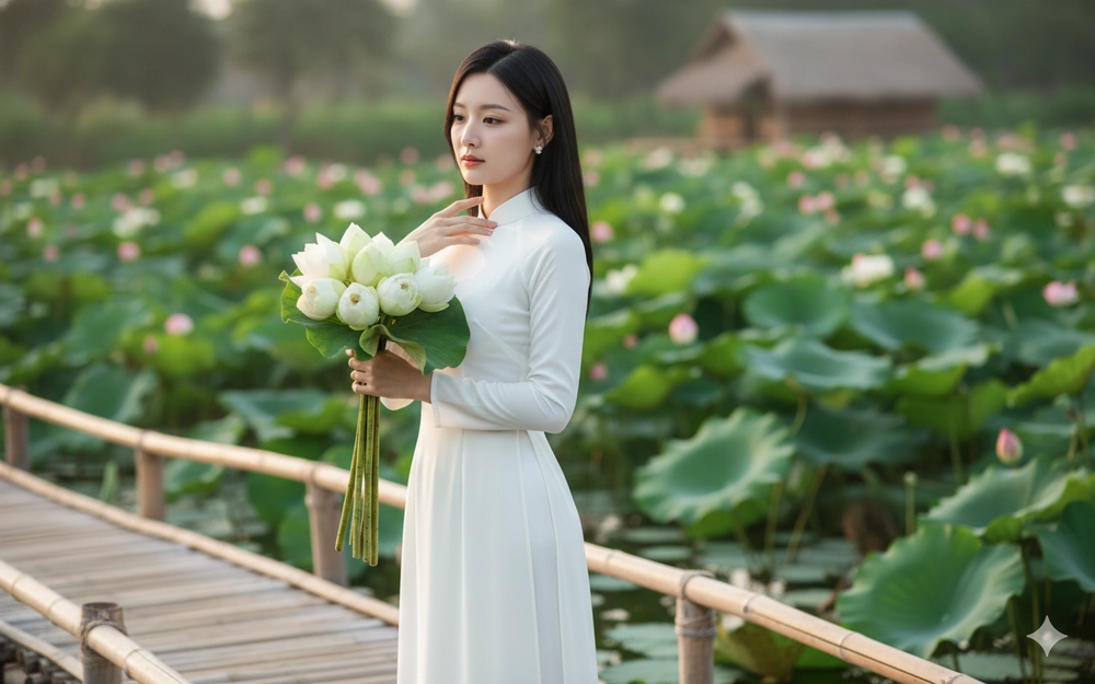Chân dung cô gái Việt trong tà áo dài trắng bên hồ sen thanh thoát và tinh khôi