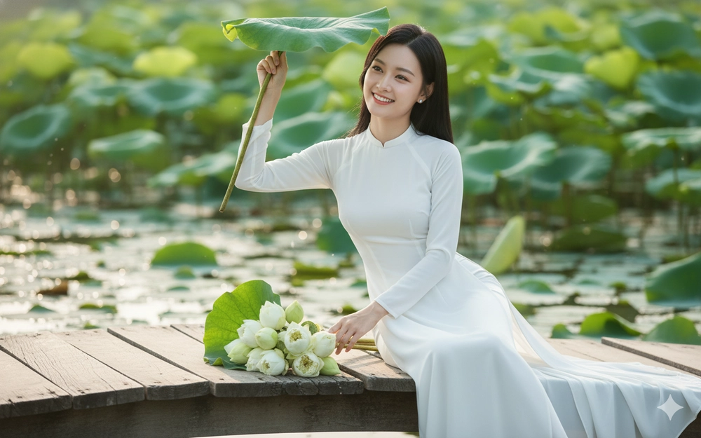 Nét đẹp trong sáng của thiếu nữ Việt qua áo dài trắng bên hồ sen xanh mát