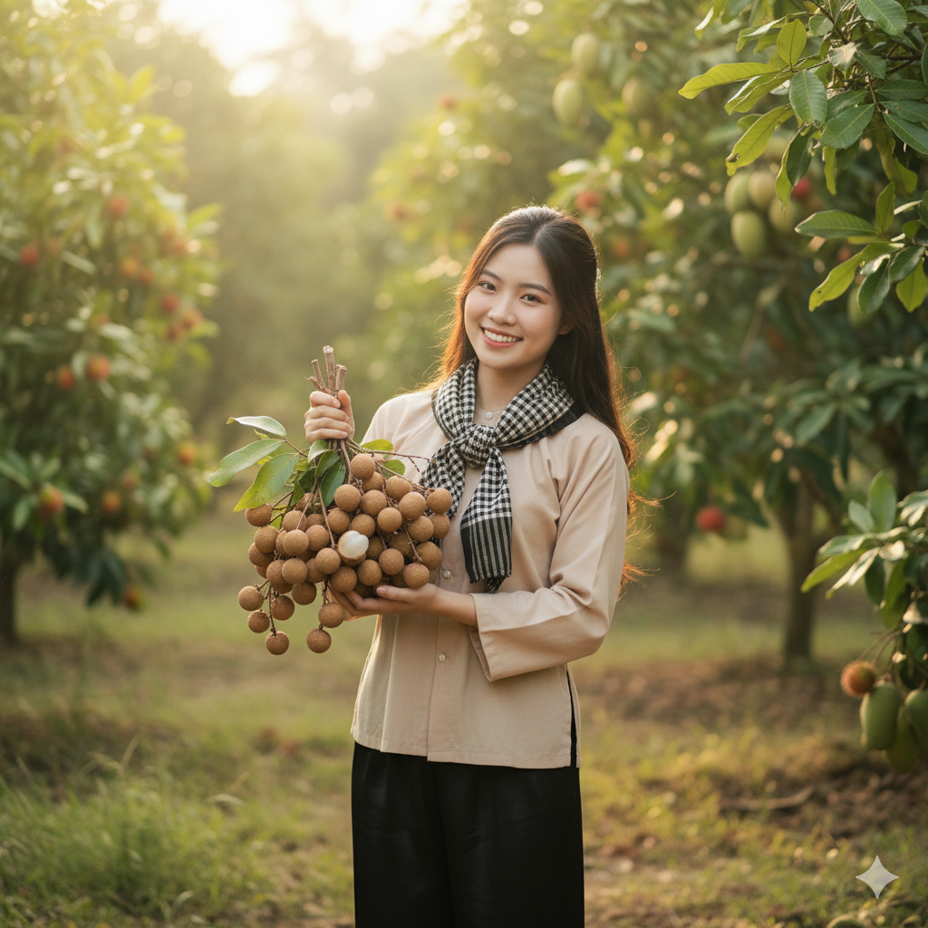 Người đẹp miền Tây bên vườn cây ăn trái và những chùm nhãn chín mọng