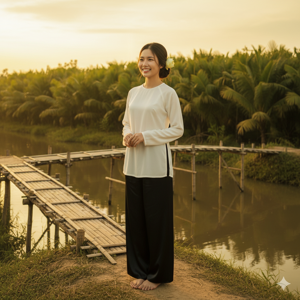 Bức chân dung đẹp như mơ bên cầu tre và đồng quê Việt Nam