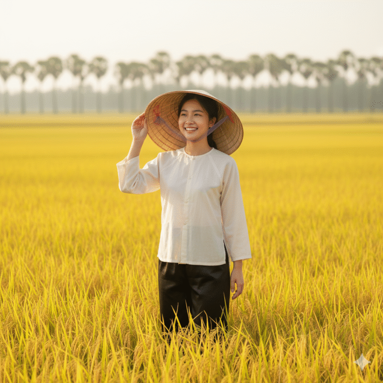 Cô gái giữa cánh đồng lúa vàng tươi sáng với áo Ba Ba truyền thống