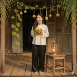 Chuyển ảnh gốc thành chân dung vintage ấm cúng bên hiên nhà gỗ cổ xưa