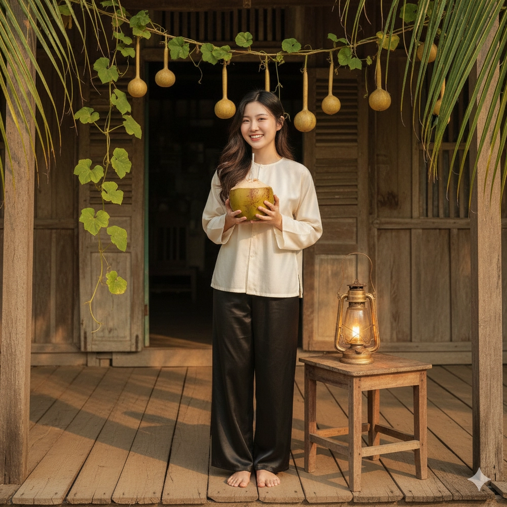 Chuyển ảnh gốc thành chân dung vintage ấm cúng bên hiên nhà gỗ cổ xưa