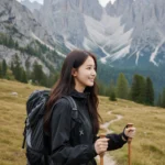 Hình ảnh cô gái trẻ đang leo núi giữa cảnh đẹp hùng vĩ thiên nhiên