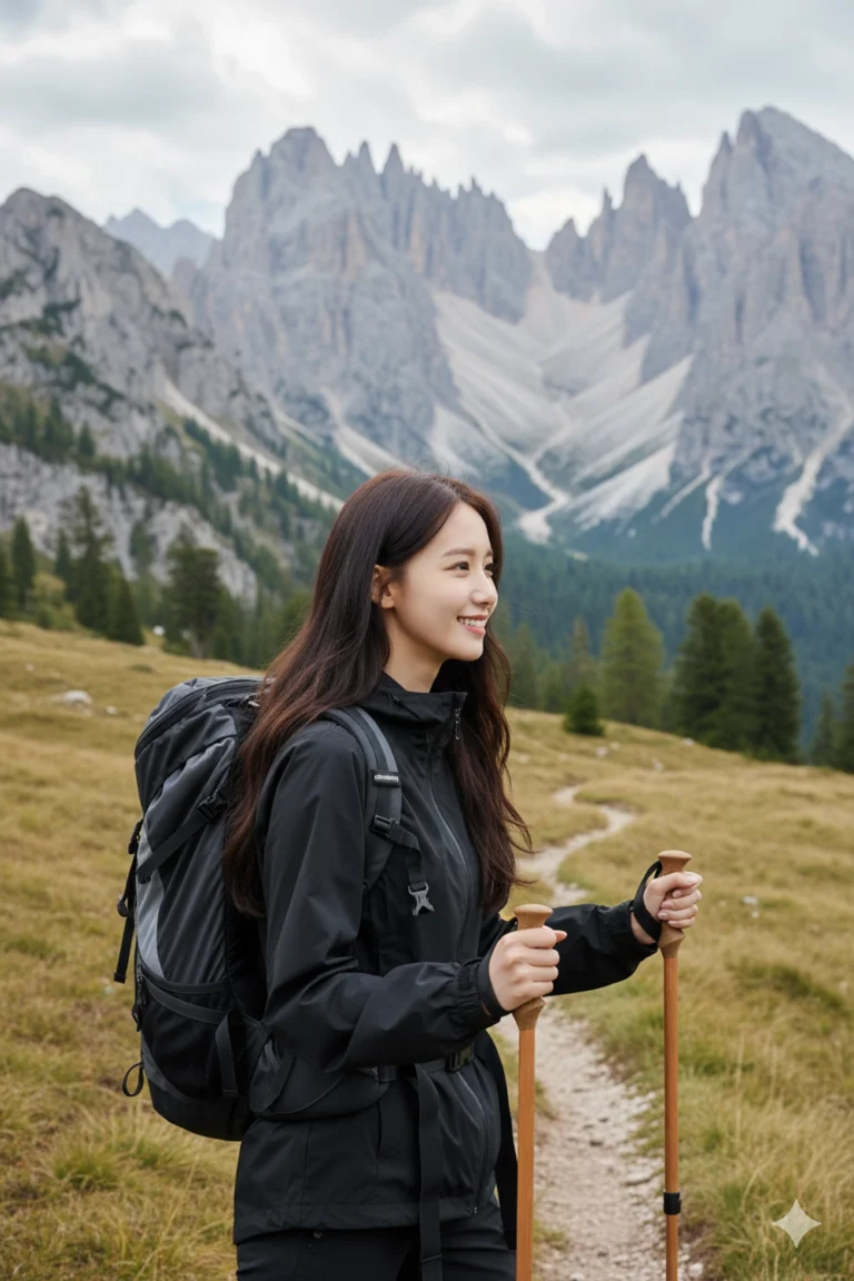 Hình ảnh cô gái trẻ đang leo núi giữa cảnh đẹp hùng vĩ thiên nhiên