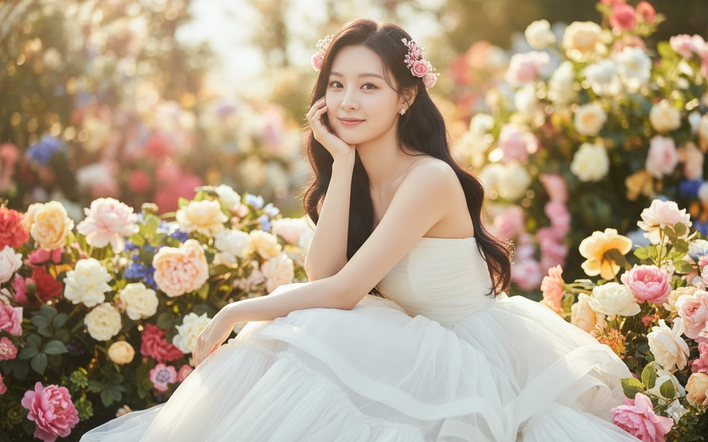 Cô gái trong vườn hoa mộng mơ với vẻ đẹp thanh khiết và dịu dàng đầy cuốn hút