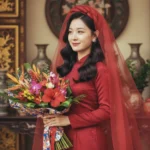 Chân dung cô dâu theo phong cách retro với áo dài đỏ và bối cảnh vintage độc đáo
