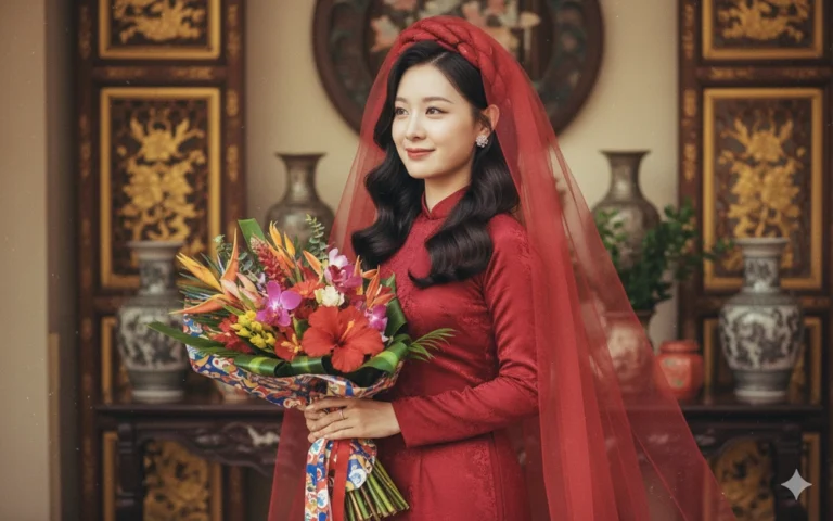 Chân dung cô dâu theo phong cách retro với áo dài đỏ và bối cảnh vintage độc đáo