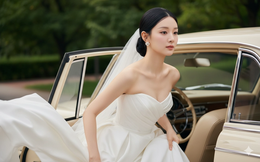 Chân dung cô dâu tinh tế bên xe vintage trong bộ váy cưới hoàn hảo