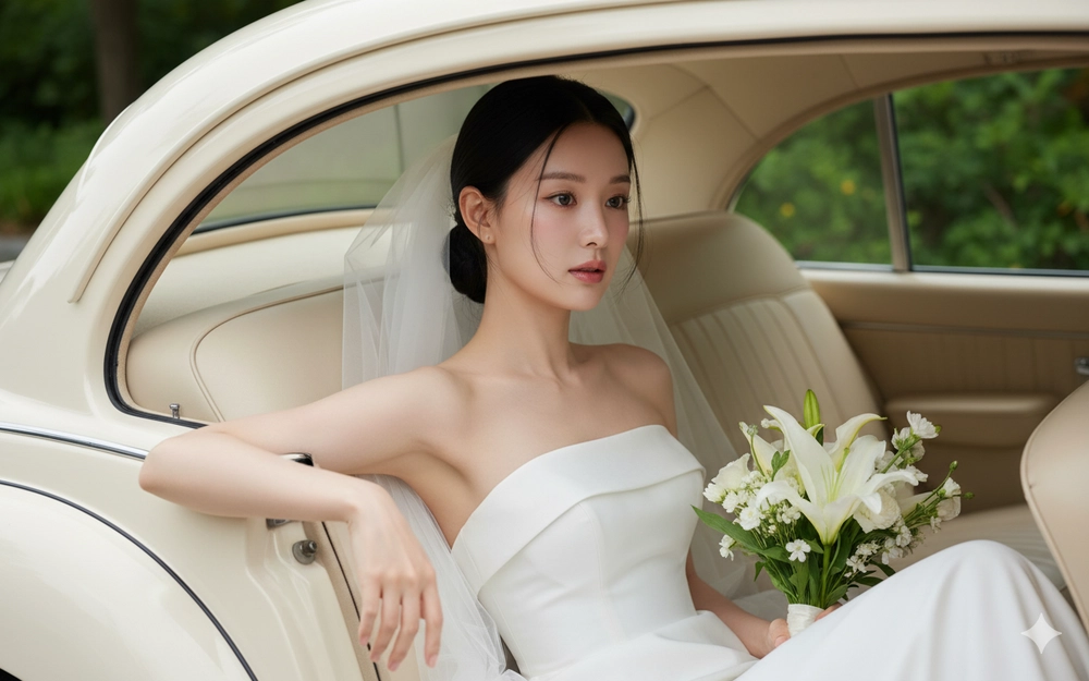 Chân dung cô dâu lãng mạn trong xe cổ với váy cưới thanh lịch và hoa tươi tắn