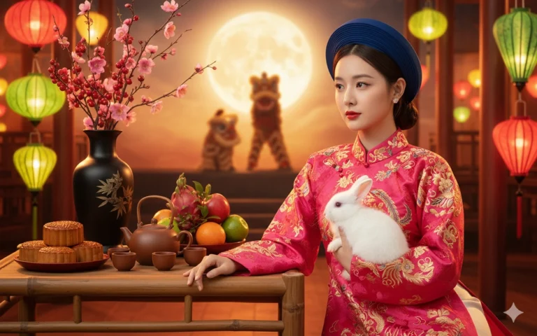 Cô gái Việt trong áo Nhật Binh rạng ngời giữa lễ hội Tết Trung Thu sinh động