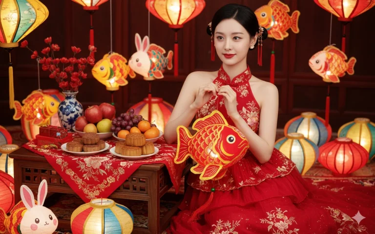 Thiếu Nữ Xinh Đẹp Trong Không Khí Tết Trung Thu Rực Rỡ Với Đèn Lồng Cá Vàng