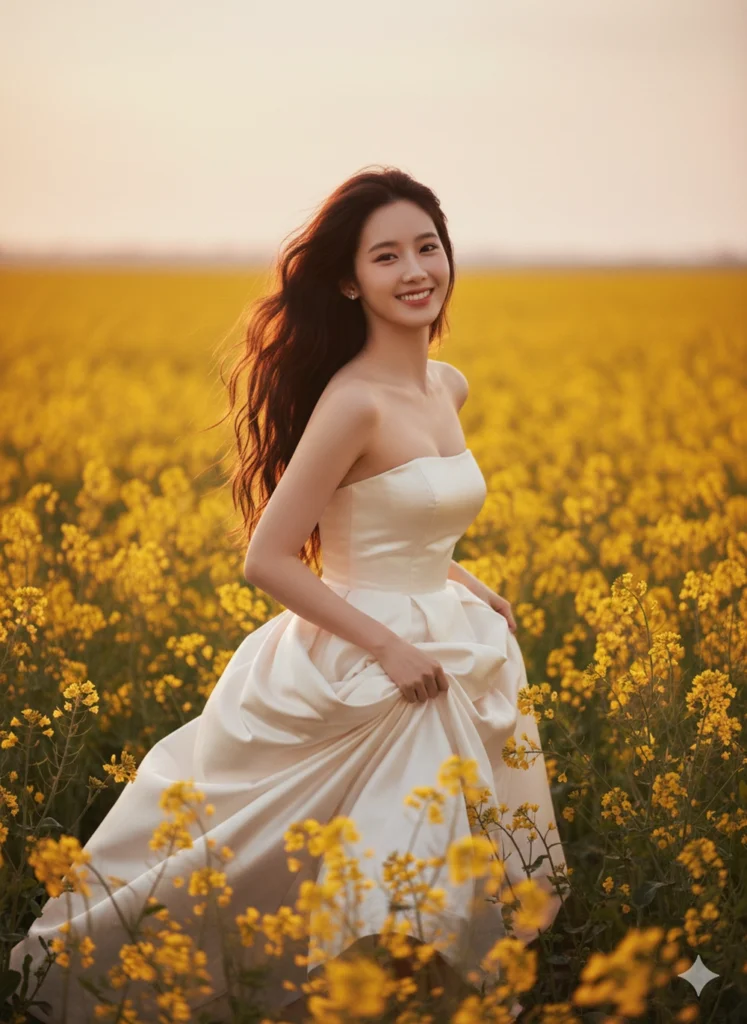 Chân dung thơ mộng giữa cánh đồng hoa vàng dưới ánh hoàng hôn ấm áp