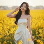 Chụp ảnh selfie giữa cánh đồng cải vàng rực rỡ với phong cách thời trang thanh lịch