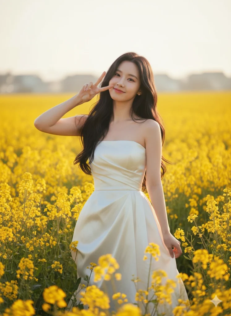 Chụp ảnh selfie giữa cánh đồng cải vàng rực rỡ với phong cách thời trang thanh lịch