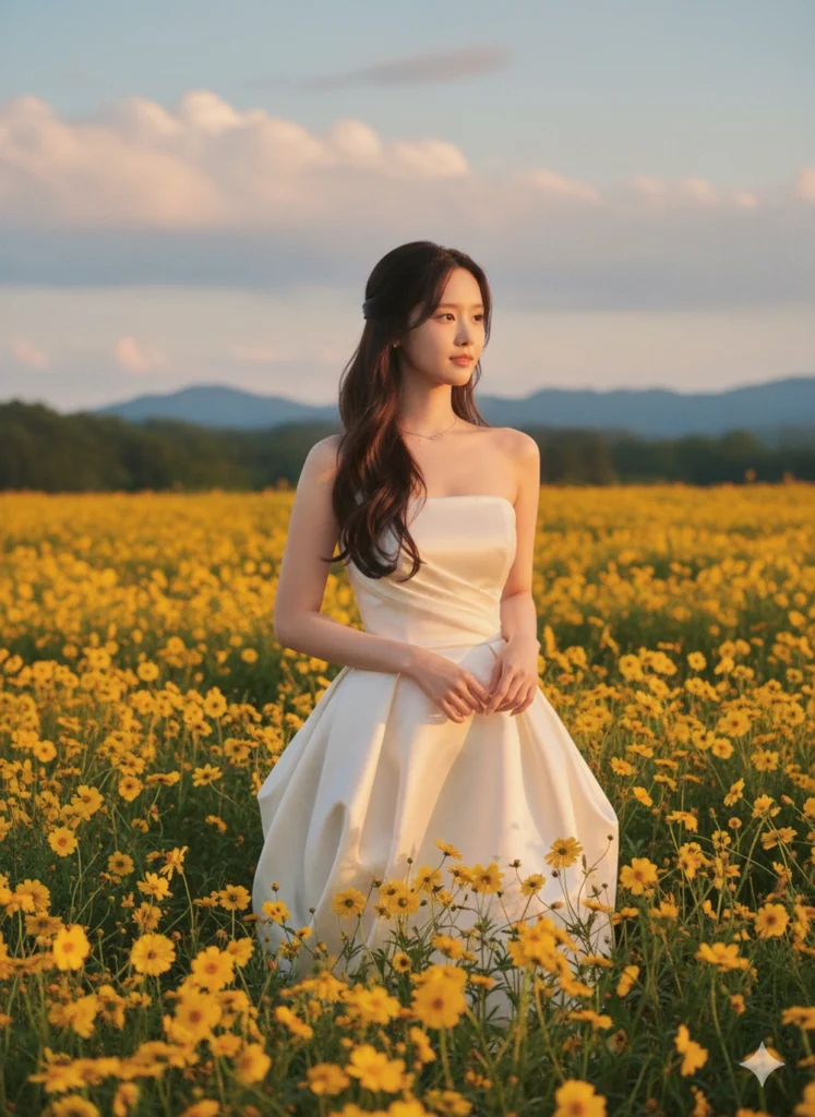 Nàng thơ giữa cánh đồng hoa vàng trong ánh chiều bình yên và lãng mạn