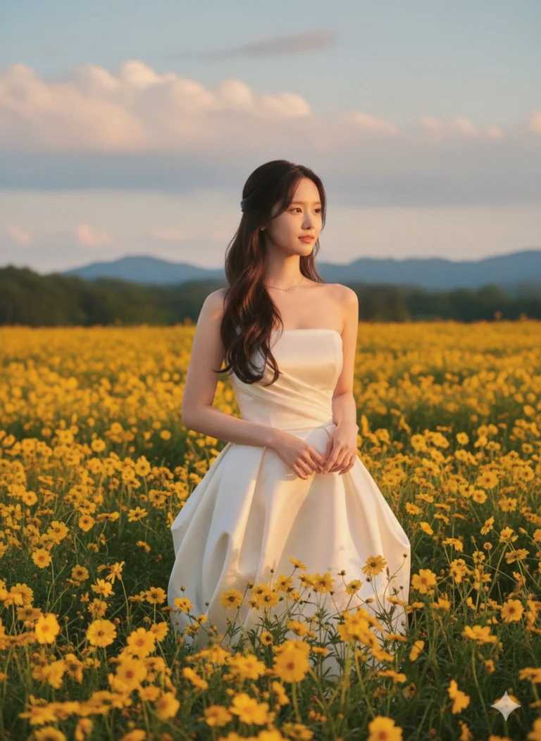 Nàng thơ giữa cánh đồng hoa vàng trong ánh chiều bình yên và lãng mạn