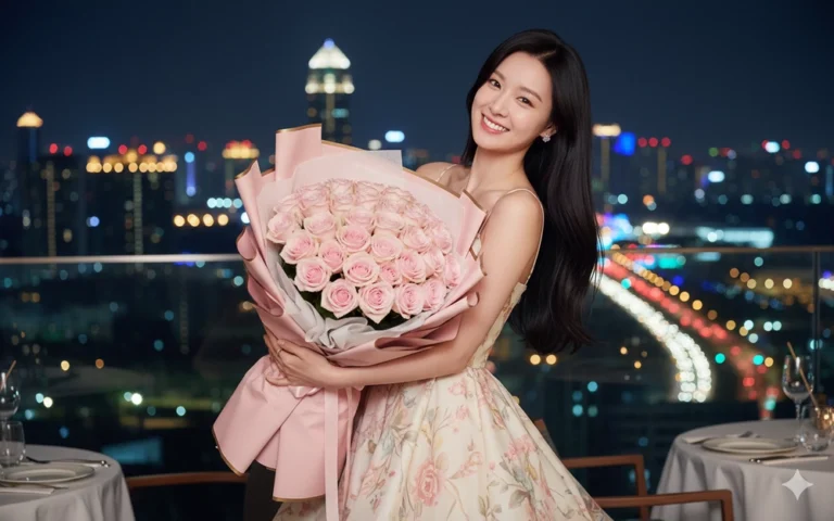 Cô gái châu Á xinh đẹp giữa ánh đèn thành phố đêm rực rỡ với bó hoa lãng mạn