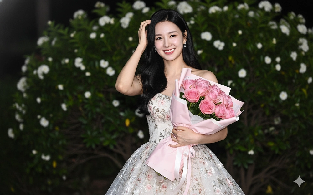 Cô gái châu Á rạng rỡ bên bó hoa hồng trong đêm lung linh ánh flash