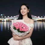 Cô gái châu Á rạng ngời bên bờ sông đêm và bó hoa hồng pastel ngập tràn sắc màu