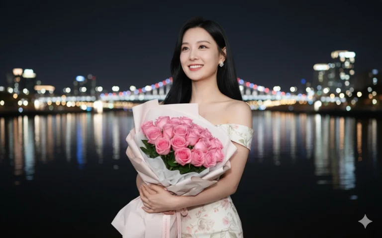 Cô gái châu Á rạng ngời bên bờ sông đêm và bó hoa hồng pastel ngập tràn sắc màu