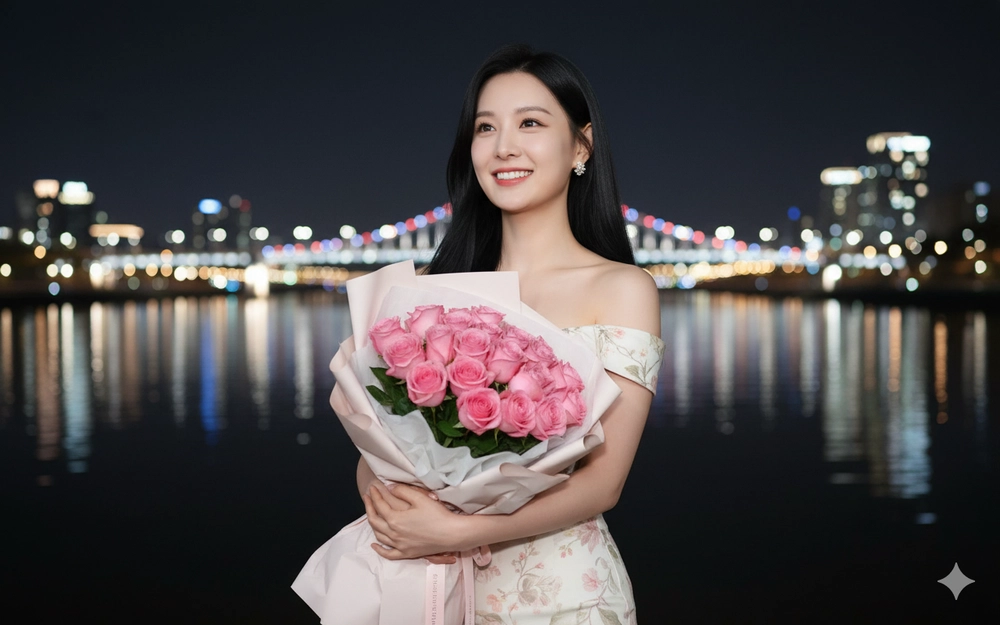 Cô gái châu Á rạng ngời bên bờ sông đêm và bó hoa hồng pastel ngập tràn sắc màu