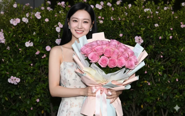 Cô gái châu Á rạng rỡ trong đêm với hoa hồng và nụ cười rạng ngời