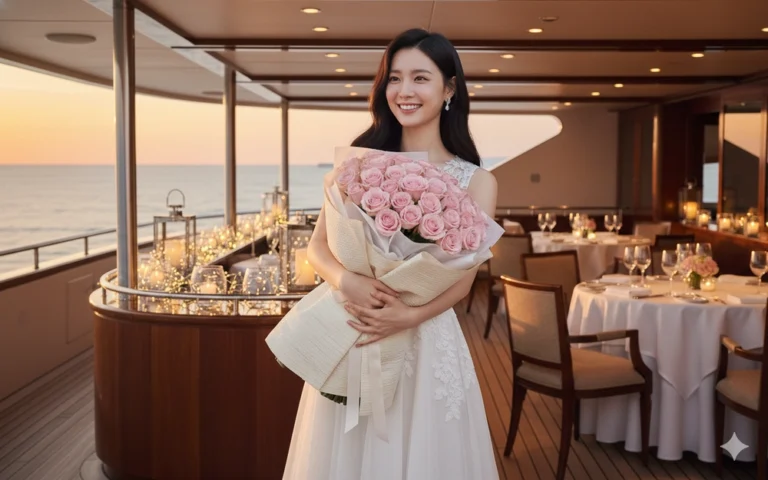 Nụ cười rạng rỡ trên du thuyền sang trọng cùng hoa hồng và ánh đèn vàng lãng mạn