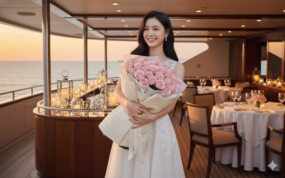 Nụ cười rạng rỡ trên du thuyền sang trọng cùng hoa hồng và ánh đèn vàng lãng mạn