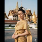 Chân dung quý phái của phụ nữ châu Á trong trang phục truyền thống trước hoàng cung Bangkok