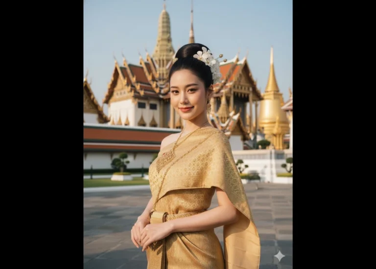 Chân dung quý phái của phụ nữ châu Á trong trang phục truyền thống trước hoàng cung Bangkok