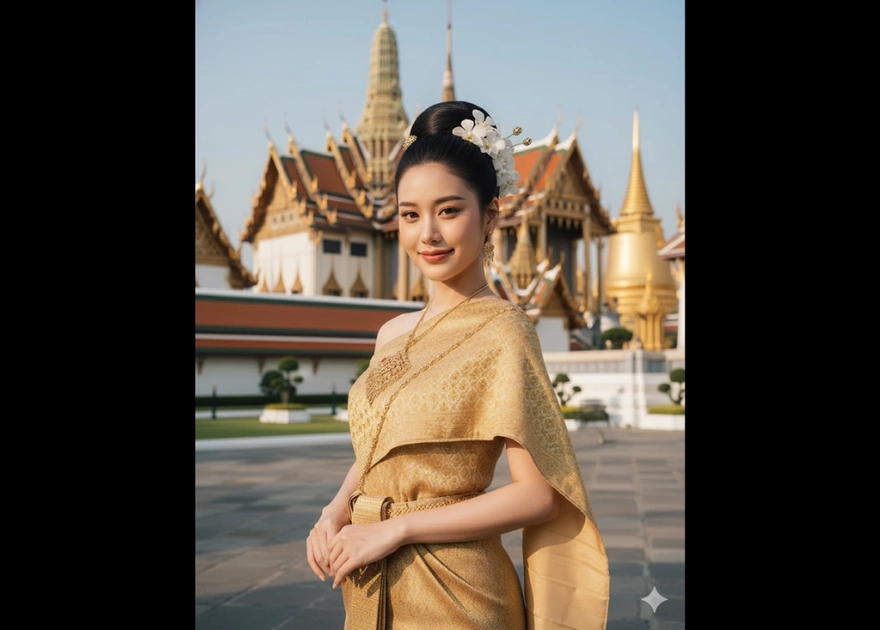 Chân dung quý phái của phụ nữ châu Á trong trang phục truyền thống trước hoàng cung Bangkok