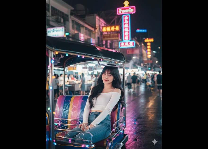 Khám phá đêm Bangkok với cô gái trong tuk-tuk đầy màu sắc và không khí nhộn nhịp