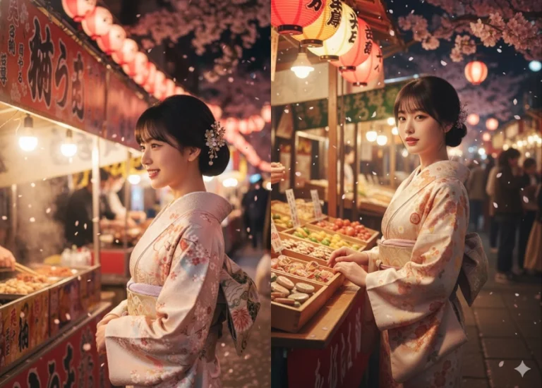 Nét đẹp mùa xuân tại chợ đêm Nhật Bản qua ánh đèn giấy và hoa anh đào