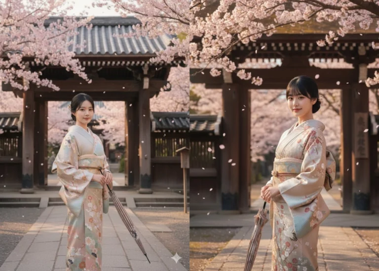 Chân dung phụ nữ Nhật trong kimono giữa mùa hoa anh đào tuyệt đẹp
