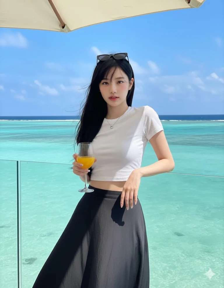 Hình ảnh chân thực của cô gái xinh đẹp tại quán bar Maldives giữa buổi chiều nắng ấm