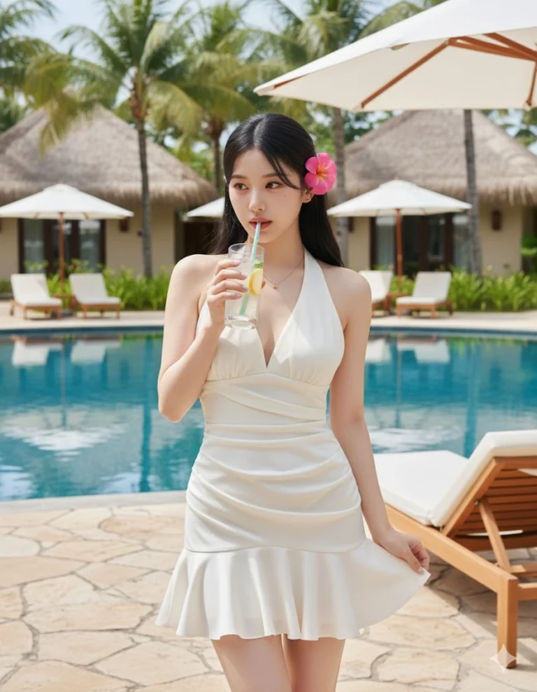 Ngoại hình rạng rỡ của cô gái trẻ tại khu nghỉ dưỡng sang trọng bên bờ biển