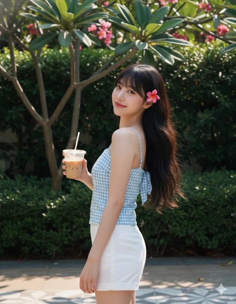 Hình ảnh 8K sống động của cô gái trong vườn đầy hoa và ánh sáng tự nhiên