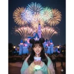 Chụp hình đêm tuyệt đẹp tại Disneyland với cô gái vui tươi bên lâu đài ánh sáng