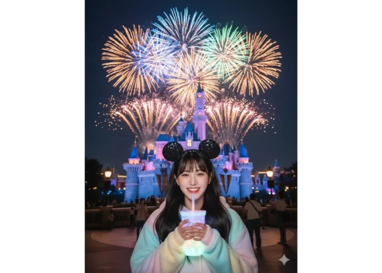 Chụp hình đêm tuyệt đẹp tại Disneyland với cô gái vui tươi bên lâu đài ánh sáng